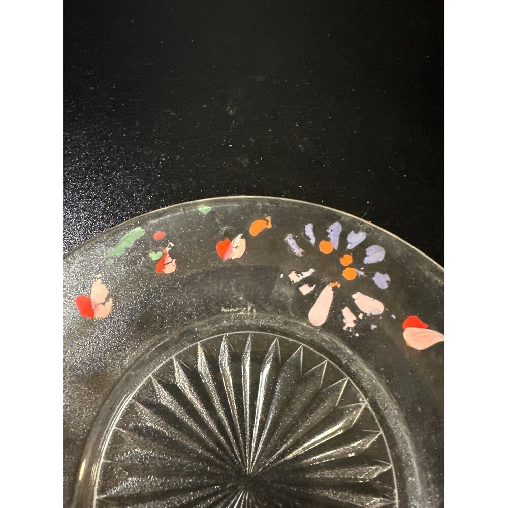 Vintage Clear Glass Plate Hand Painted Floral Enamel 7.25" Starburst Center - Picture 7 of 8